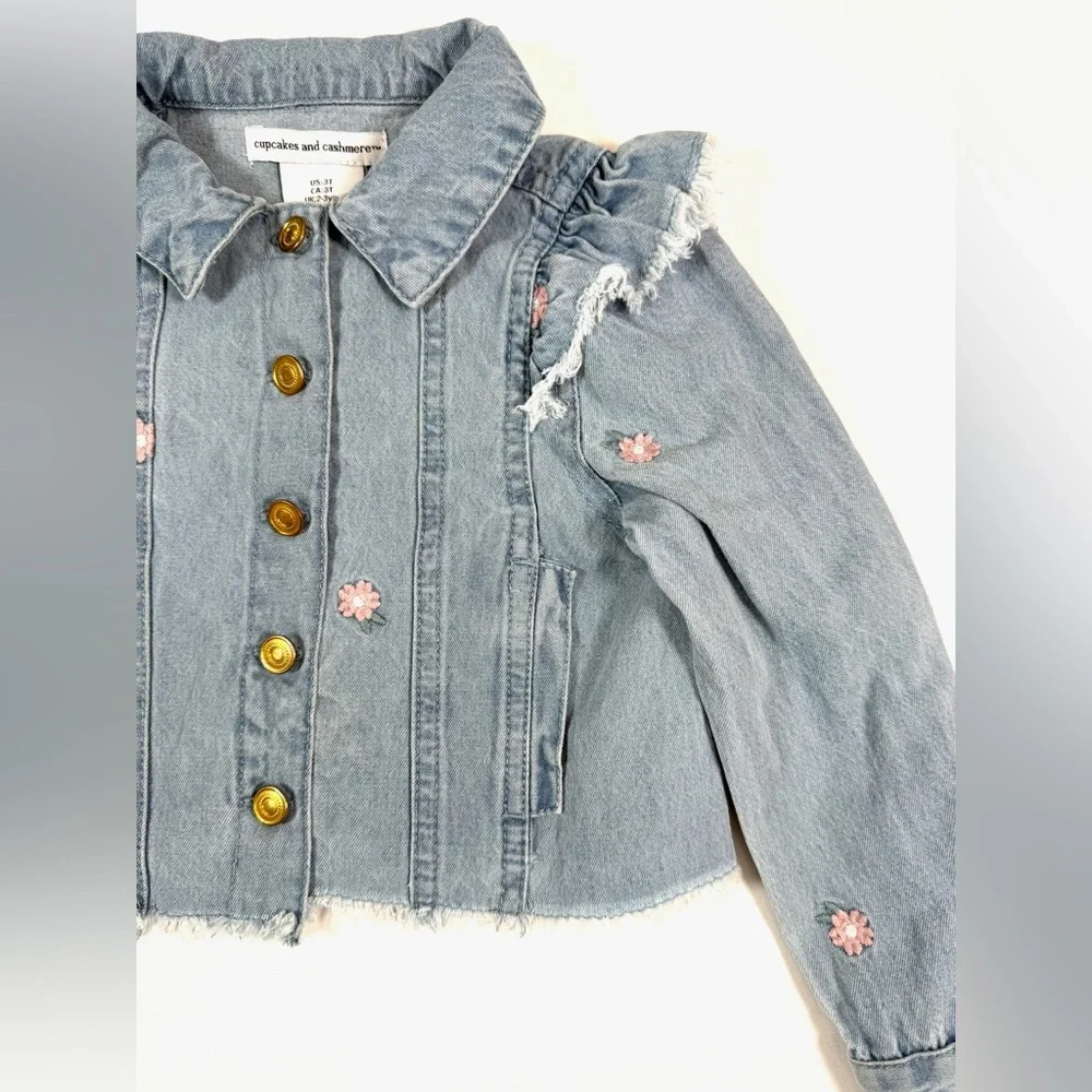 CUPCAKES AND CASHMERE Toddler Girls'‎ Denim Ruffle Raw Hem Floral Jacket Size 3T